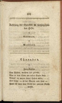 Auflösung der Charaden im vorhergehenden Hefte. - Charaden.