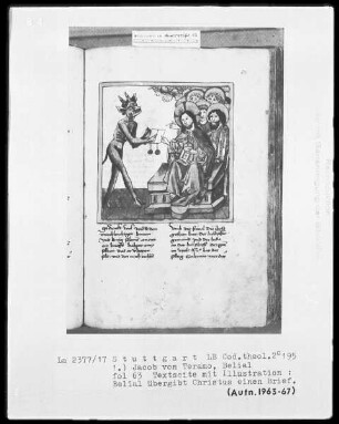 Jacob von Teramo, Belial und Johannes von Mandeville, Reise nach Jerusalem — Jacob von Teramo, Belial — Belial übergibt Christus einen Brief, Folio 63recto