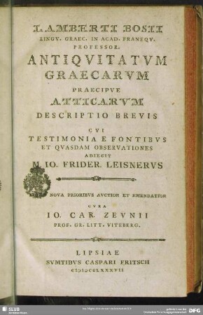 Lamberti Bosii ... Antiquitatum Graecarum Praecipue Atticarum Descriptio Brevis