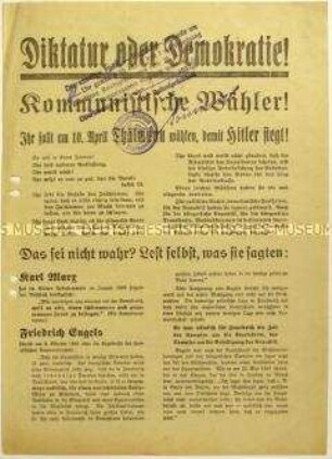 Aufruf der SPD an KPD-Anhänger zur Wahl von Paul von Hindenburg zum Reichspräsidenten 1932