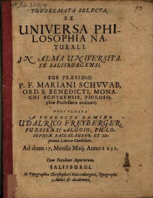 Theoremata Selecta, Ex Universa Philosophia Naturali