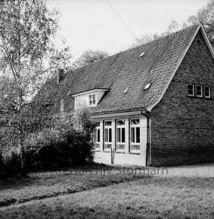 Volksschule: vorn Wiese: links Birke und Büsche