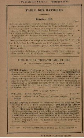 Table des matières. Octobre 1895.