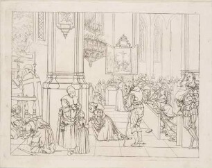 Zu Goethes "Faust": Blatt 18: Kircheninneres während der Messe, auf der vordersten Bank Gretchen in Verzweiflung, hinter ihr der Böse Geist