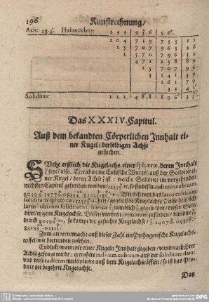 Das XXXIV. Capitul. Auß dem bekandten Cörperlichen Innhalt einer Kugel/ derlelbigen Achse zusuchen.