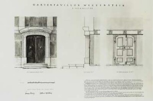 Weesenstein, Jagdpavillon oder Belvedere, Eingangstür, Außenansicht, Schnitt, Innenansicht