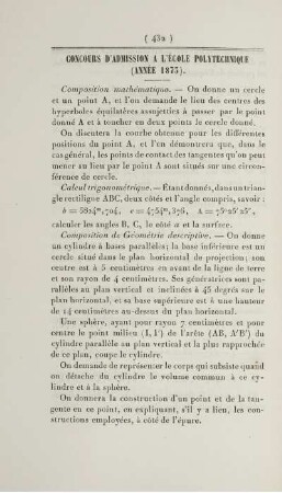 Concours d'admission a l'école poly technique (Année 1873).