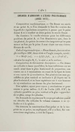 Concours d'admission a l'école poly technique (Année 1873).