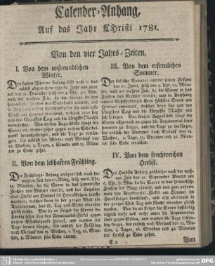 Calender-Anhang, auf das Jahr Christi 1781