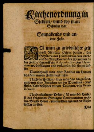 Kirchenordnung in Stedten/ unnd wo man Schulen hat.