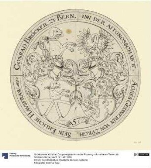 Doppelwappen in runder Fassung mit mehreren Tieren als Schildembleme