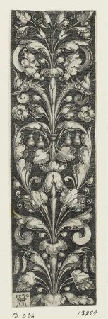 Ornament mit Laubwerk und zwei Masken
