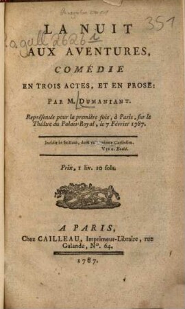 La nuit aux aventures : Comédie en 3 actes, et en prose