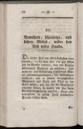 XII. Bewährte, schleunige, und sichere Mittel, wider den Biß toller Hunde