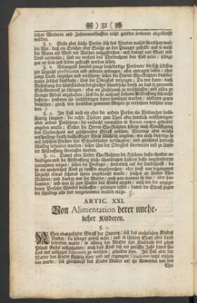 Artic. XXI. Von Alimentation derer unehelicher Kinderen