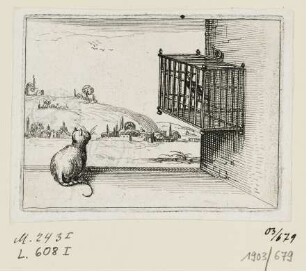 Katze belauert Vogel im Käfig, Blatt 10 der Folge "Lux Claustri"
