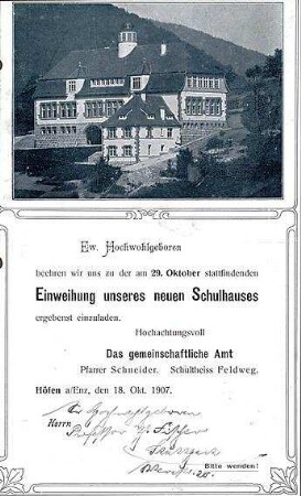 Fischer, Theodor; Höfen; Schule - Einladung zur Schulhaus Einweihung