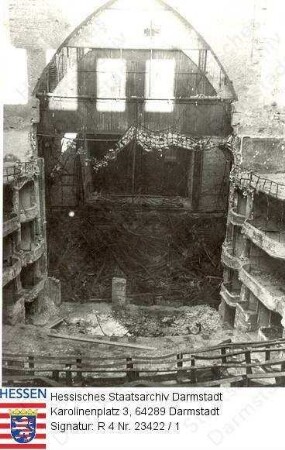 Darmstadt, Landestheater nach der Zerstörung am 12. September 1944 / Bild 1: Bühne mit Logen / Bild 2: Haupttreppenhaus (Vestibül)