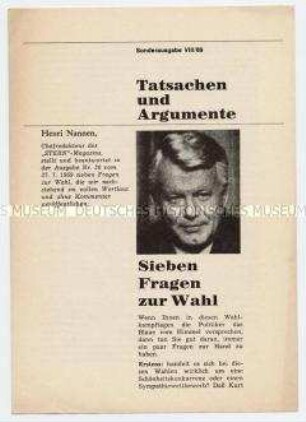 Heft aus der Schriftenreihe der SPD "Tatsachen und Argumente" zur Bundestagswahl