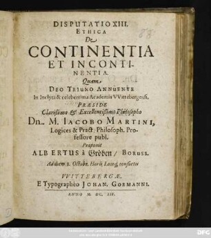 Disputatio XIII. Ethica De Continentia Et Incontinentia
