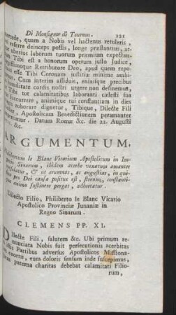 Argumentum. Philibertum le Blanc Vicarium Apostolicum in Imperio Sinarum, ... Dilecto Filio Nostro, Carolo Thomae, ... Clemens PP. XI.