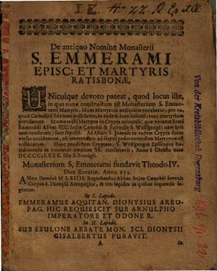 De antiquo Nomine Monasterii S. Emmerami Episc. et Martyris Ratisbonae