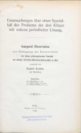 Untersuchungen über einen Specialfall des Problems der drei Körper mit nahezu periodischer Lösung