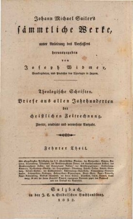 Johann Michael Sailer's sämmtliche Werke, 10. Theologische Schriften: Briefe aus allen Jahrhunderten der christlichen Zeitrechnung : 1. und 2. Sammlung