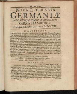 Nova Literaria Germaniæ Aliorumque Europæ Regnorum, Collecta Hamburgi, Editaque Calendis MDCCVIII.