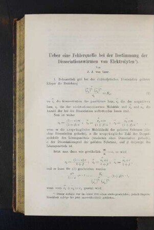 Ueber eine Fehlerquelle bei der Bestimmung der Dissociationswärmen von Elektrolyten.