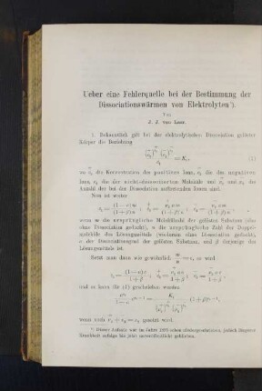 Ueber eine Fehlerquelle bei der Bestimmung der Dissociationswärmen von Elektrolyten.