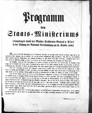 Programm des Staats-Ministeriums (vorgetragen durch den Minister-Präsidenten General v. Pfuel ...) (Sammlung Friedlaender)