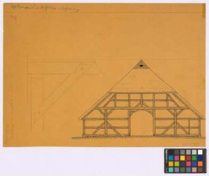 Bechelsdorf bei Ratzeburg (Kreis Schönberg): Hof Burmeister. - Schulzenhaus (Giebel-Ansicht). - Holzkonstruktion (Schnitt)