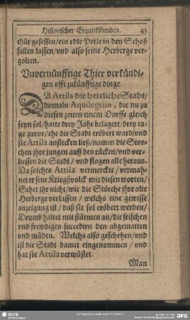 Unvernünfftige Thier verkündigen offt zukünftige dinge