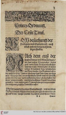 Theyl 1 Titul 1. Von besuchung der Predigten unnd Gottesdienst