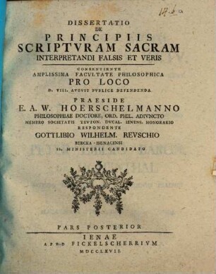 Diss. de principiis Scripturam S. interpretandi falsis et veris, Pars posterior
