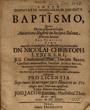 Disputatio Inauguralis Juridica De Baptismo