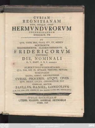 7: Cvriam Regnitianam Non. Nvllo. Ivre Hermvndvrorvm Cognominandam Disserit ...
