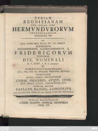 7: Cvriam Regnitianam Non. Nvllo. Ivre Hermvndvrorvm Cognominandam Disserit ...