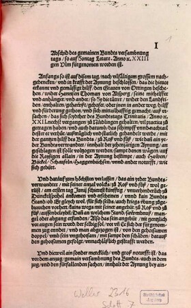 Abschid des gemainen Bundts versambnung tags so auf Sontag Letare. Anno rc. XXIII gen Vlm fürgenommen worden ist