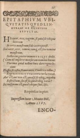 Epitaphium Ubiquitatis Quedlinburgae Ab Heshusio Sepultae.