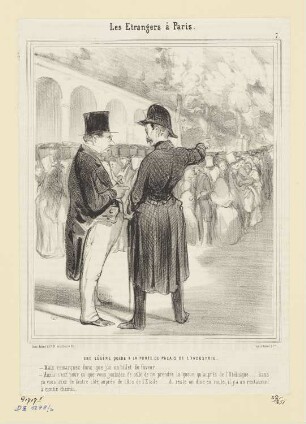 Une légère queue à la porte du palais de l’industrie, Blatt 7 der Folge „Les Étrangers à Paris“, in: „Le Charivari“, Paris 1844