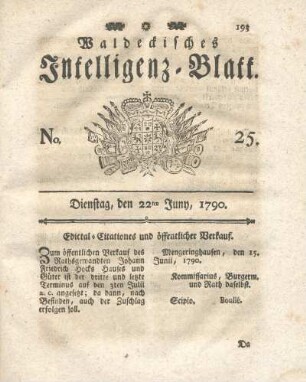 No. 25, Dienstag, den 22ten Juny, 1790
