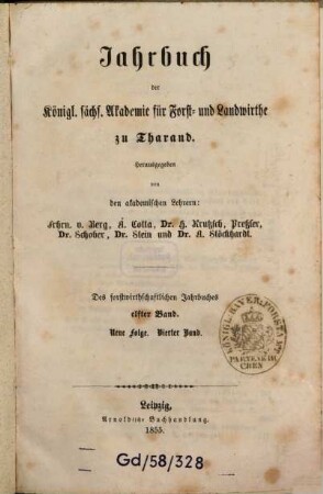 Jahrbuch der Königl.-Sächs. Akademie für Forst- und Landwirthe zu Tharand. 11 = N.F. Bd. 4. 1855