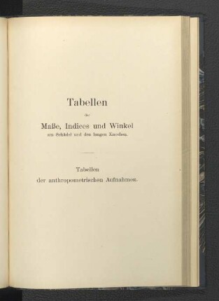 Tabellen der Maße, Indices und Winkel am Schädel und den langen Knochen.