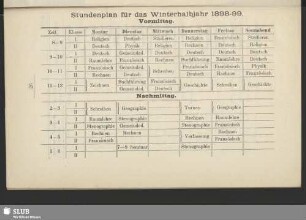 Stundenplan für das Winterhalbjahr 1898-99