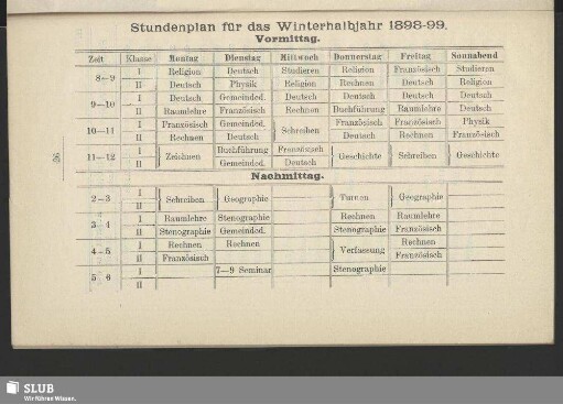 Stundenplan für das Winterhalbjahr 1898-99