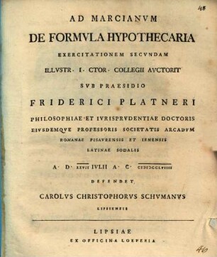 Ad Marcianvm De Formvla Hypothecaria Exercitatio ..., II.