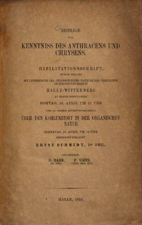 Beiträge zur Kenntniss des Anthracens und Chrysens : Habilitationsschrift