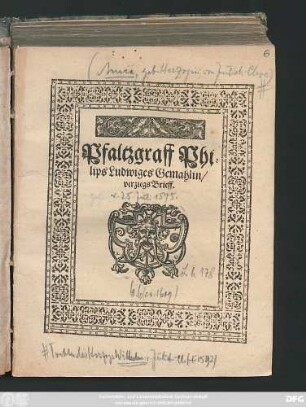 Pfaltzgraff Philips Ludwiges Gemahlin/ verziegs Brieff